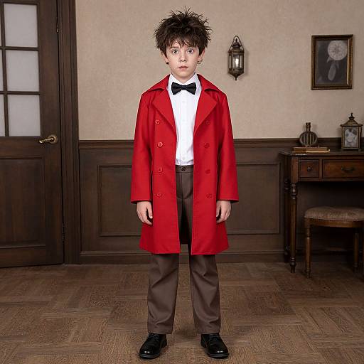 Photorealistic CGI of a young boy with spiky black hair, wearing a bright red coat, white shirt, black bow tie, brown pants,