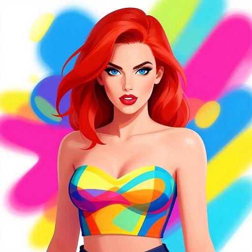 Digital artwork of a red-haired woman with blue eyes, wearing a colorful, strapless crop top with geometric patterns, against a vibrant, abstract rainbow background