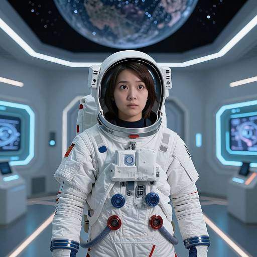 Photograph of an Asian woman in a white space suit with red and blue buttons, standing in a futuristic spaceship control room with Earth visible in the background