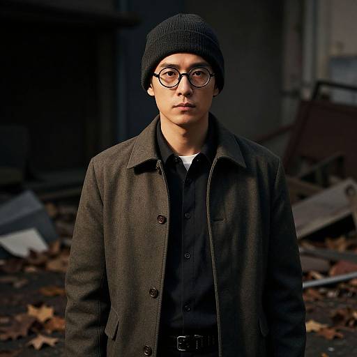 Photograph of a young Asian man with glasses, black beanie, dark coat, and black shirt, standing in a dimly lit, leaf-st