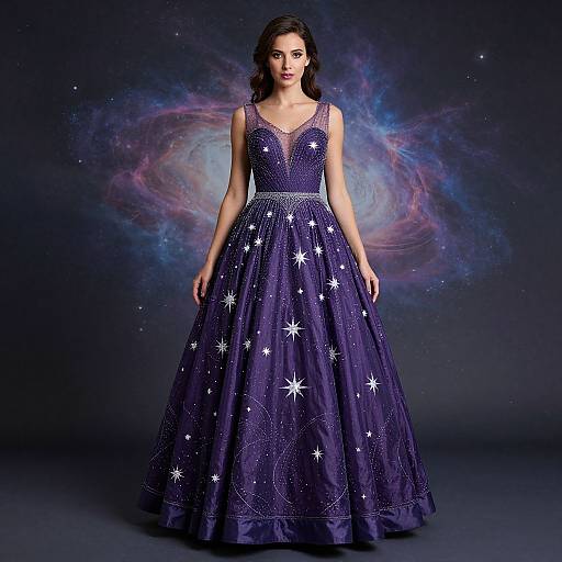 Photograph of a woman in a sleeveless, deep blue, star-embellished ball gown against a cosmic galaxy backdrop.