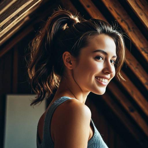 Smiling Woman with Messy Ponytail in Attic