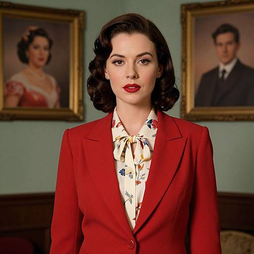 Photograph of a fair-skinned woman with dark, wavy 1940s-style hair, wearing a red blazer and floral blouse, standing
