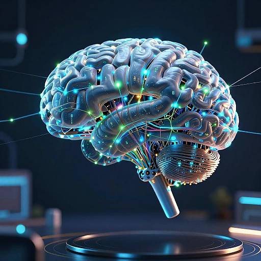 CGI image of a glowing, futuristic, white brain with colorful, neon lights interconnected, floating above a black, circular platform.