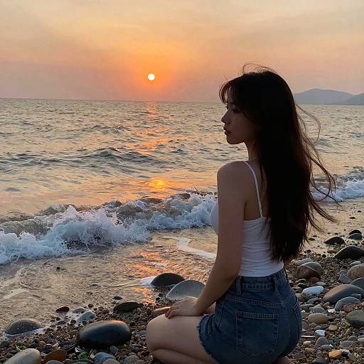 Serene Nude Girl on Sunset Beach