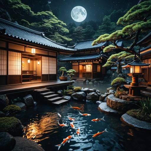 Nighttime Japanese Onsen with Koi and Full Moon