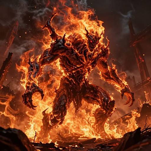 Digital artwork of a demonic, fiery, muscular creature with glowing red eyes, engulfed in bright orange flames, set against a dark, smoky background