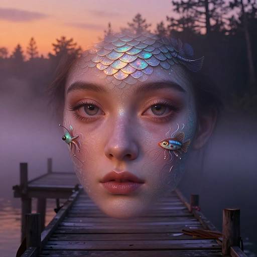 Digital artwork of a young woman with fish scales on her forehead, glowing fish on her cheeks, standing on a wooden pier at sunset with misty forest