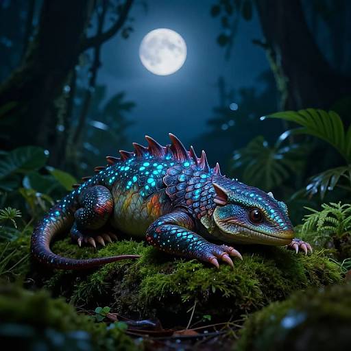 Digital art: Glowing blue and purple dragon-like creature with spines, lying on mossy forest floor under full moon in dark, mystical forest.