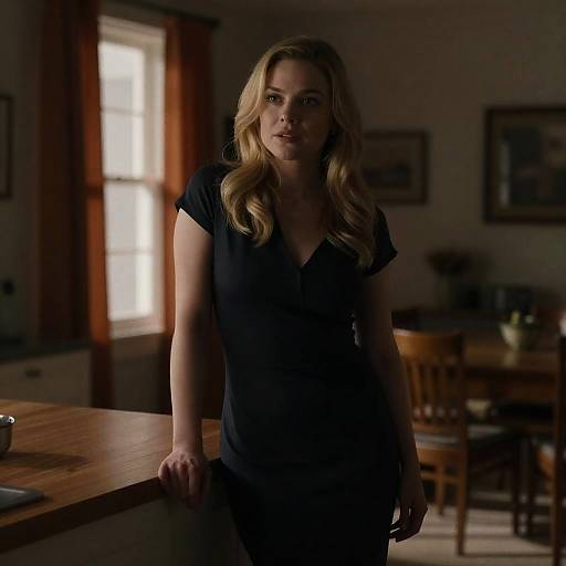 Blonde Woman in Dimly Lit Kitchen