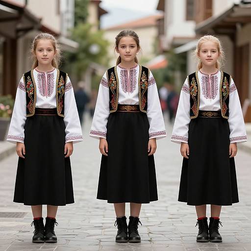 Photograph of three young girls in traditional Eastern European folk dress, standing in a cobblestone street, wearing black skirts, white blouses, embroidered