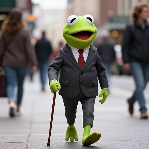 Photograph of a green frog puppet in a black suit and red tie, walking on a city street with blurred pedestrians. The frog holds a brown cane