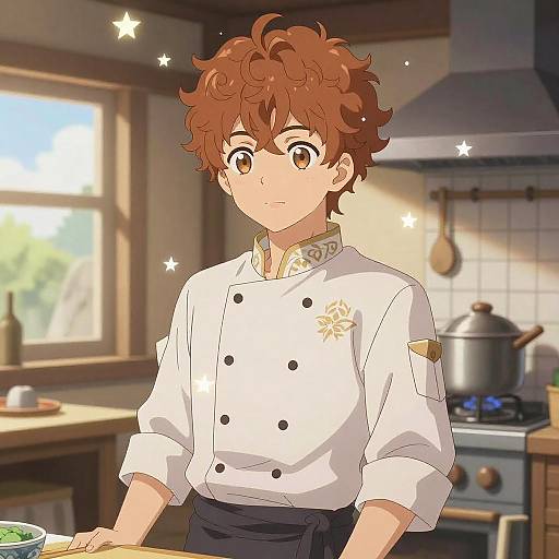 Passionate Anime Chef in Rustic Kitchen