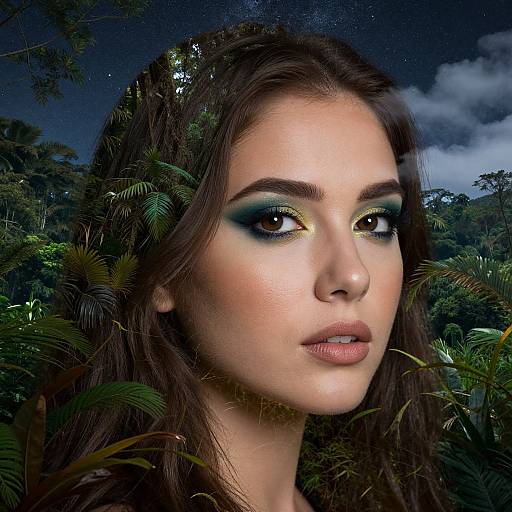 Photograph of a young woman with long dark hair, green and blue eyeshadow, and neutral lipstick, surrounded by dense tropical foliage under a star