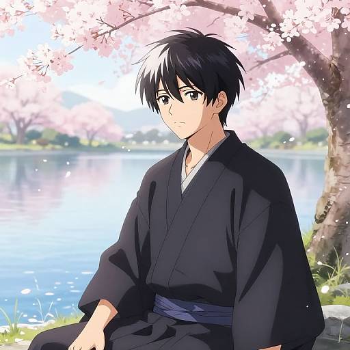 Anime-style digital drawing of a young man with black hair, wearing a black kimono, sitting under cherry blossoms by a serene lake.