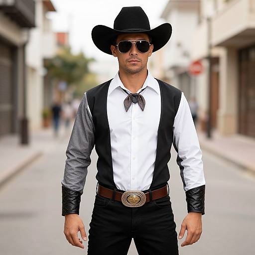 Photograph of a handsome man in a black cowboy hat, sunglasses, white shirt, black vest, and pants, standing confidently on a blurred urban street