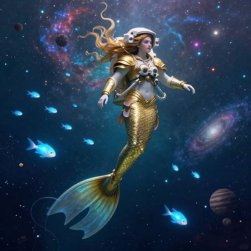 Digital artwork of a golden mermaid with flowing orange hair, wearing armor and a white hat, floating in a starry, colorful galaxy with glowing blue