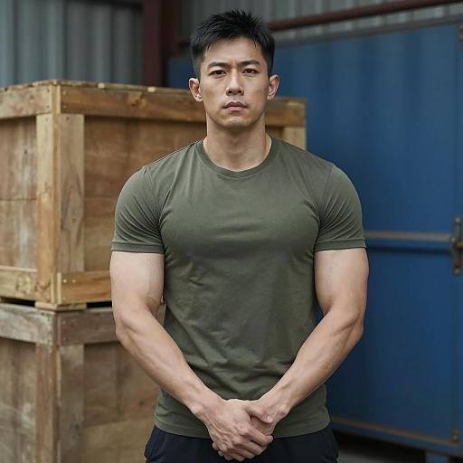 Intense Muscular Man in Industrial Setting
