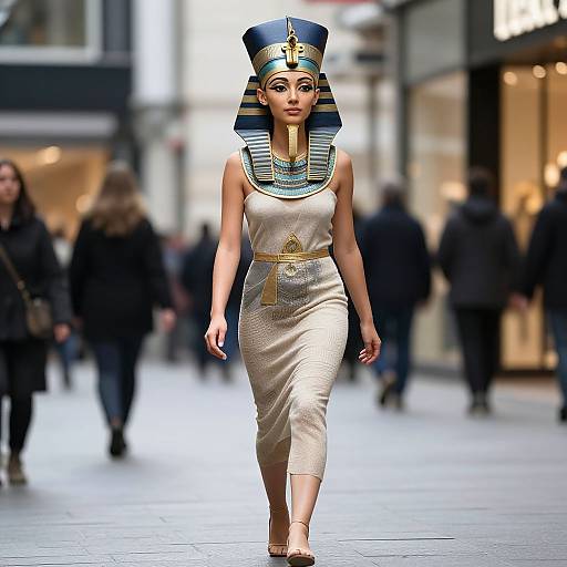 Photograph of a model in an Egyptian-inspired outfit, featuring a blue and gold headdress, striped collar, white dress, and gold belt, walking