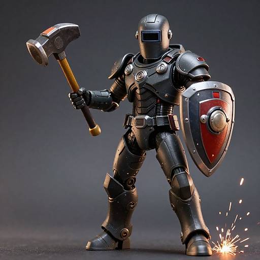 Futuristic Robot Warrior with Hammer and Shield