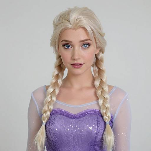 Digital artwork of Elsa from Frozen, with long blonde braids, blue eyes, wearing a sparkly purple dress, against a white background.