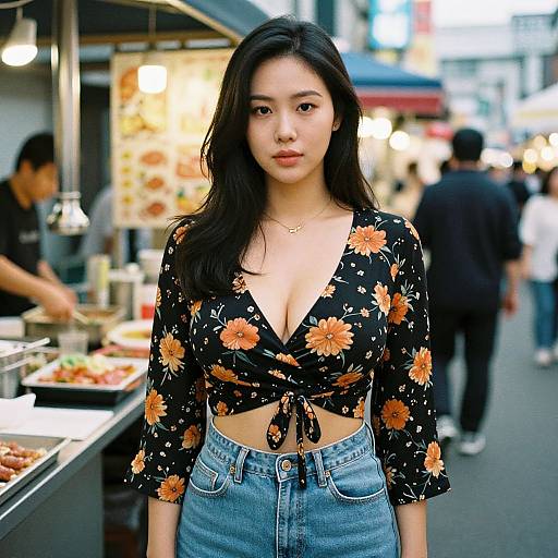 Asian woman with long black hair, floral black crop top, tied front, revealing cleavage, and high-waisted blue jeans, standing in a