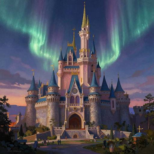 Castle Under Twilight Aurora Sky