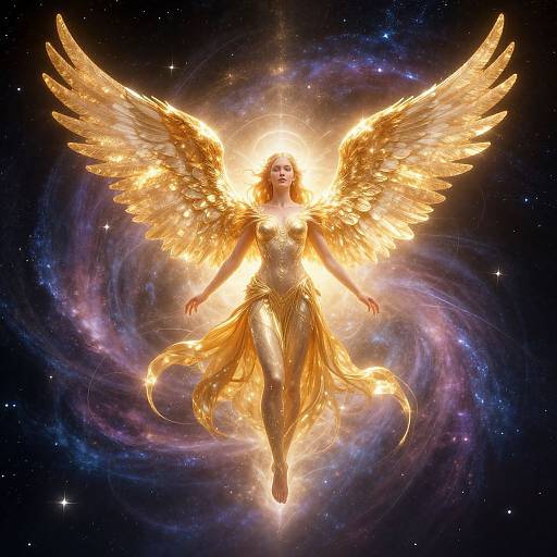 Golden-winged angel with glowing aura, flowing golden dress, floating in cosmic space with swirling galaxies and stars. Digital artwork.