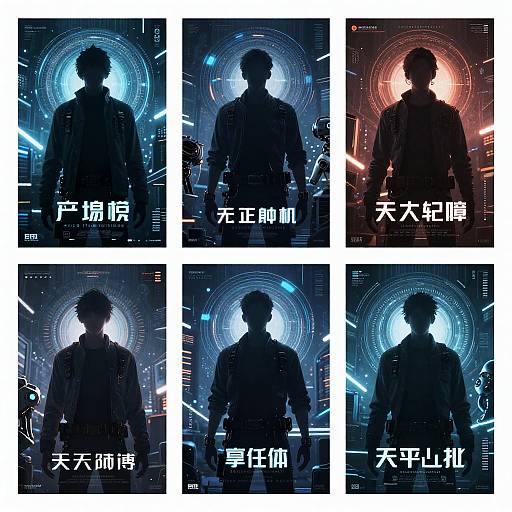 Digital artwork collage of six silhouetted male figures in futuristic, neon-lit backgrounds with Japanese text, showing varied light colors.