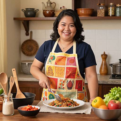 Asian woman with black hair, smiling, wearing colorful apron, cooking in kitchen; chopping vegetables on wooden table, utensils, bowls, and fruit