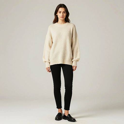Young Woman in Cozy Cream Sweater and Black Pants