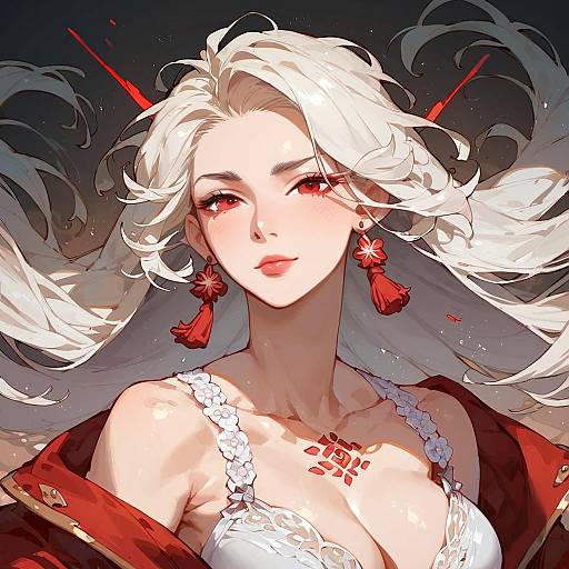 Digital anime-style portrait of a white-haired woman with red eyes, red earrings, and a white lace bra, wearing a red jacket. Red tattoos on
