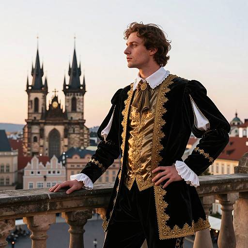 Man in Renaissance Costume Overlooking Historic European City