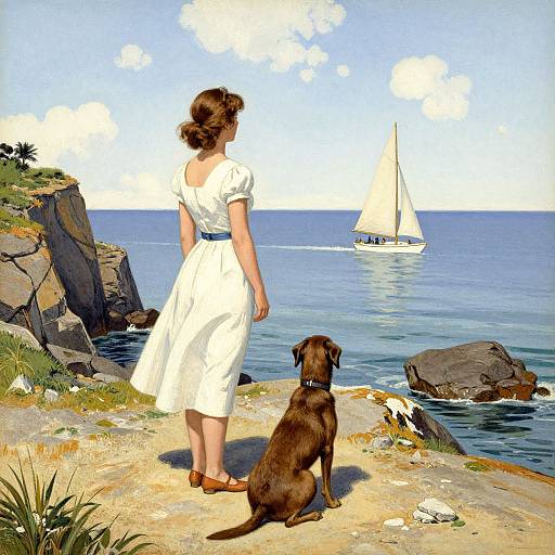 Vintage-style painting of a woman in a white dress and brown shoes, with a brown dog, watching a sailboat on a calm, blue ocean from