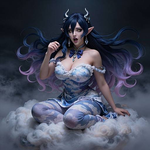 Digital fantasy artwork of a seductive, blue-haired demon woman with horns, large breasts, and pale skin, sitting on clouds, wearing a blue floral