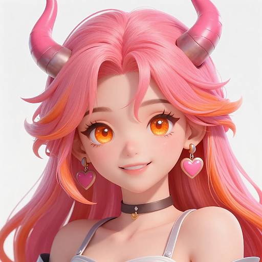 Digital anime-style portrait of a cute, pink-haired demon girl with orange eyes, pink heart earrings, black choker, and curved pink horns.