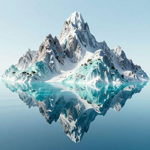 Photorealistic digital rendering of a floating, snow-capped, jagged mountain island with vibrant blue glacial ice reflecting in calm, clear water.