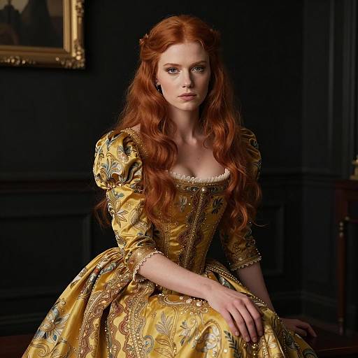 Elegant Woman in Ornate Gold Dress