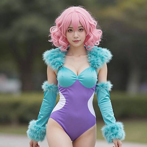 Woman in Aqua and Purple Cosplay Bodysuit with Pink Curly Hair