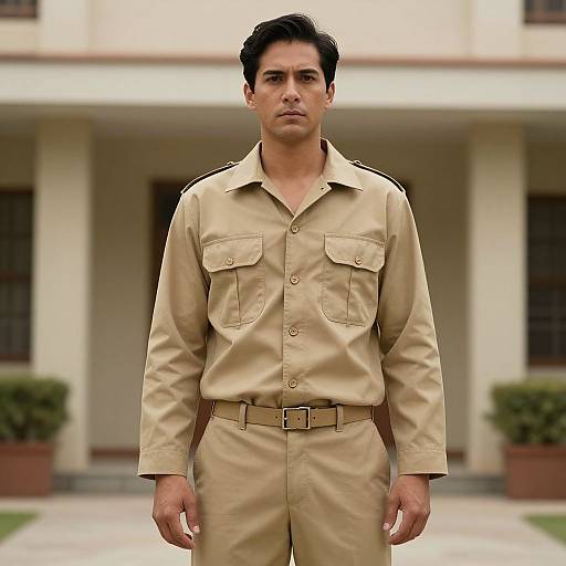 Photograph of a serious, dark-haired Indian man in a beige military-style uniform, standing in front of a beige building with potted plants.