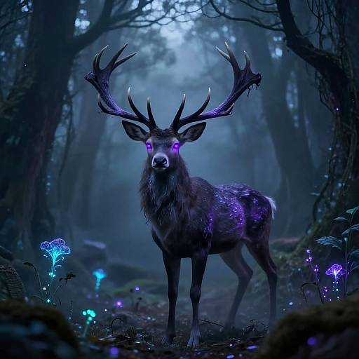 Digital artwork of a glowing, ethereal deer with vibrant purple eyes and antlers, standing in a misty, blue-lit forest surrounded by bi