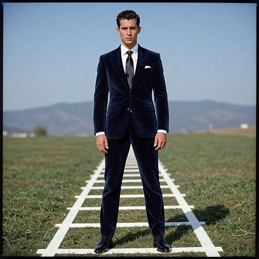 Photograph of a serious, dark-haired man in a black suit, white shirt, and black tie, standing on a white line in a grassy