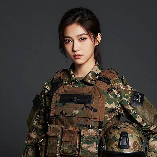 Photograph of an Asian woman with dark hair in full military camouflage uniform, equipped with tactical vest and gear, against a dark gray background.