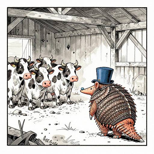 Illustration of a blue-hatted, spiked porcupine facing a group of black-and-white cows in a wooden barn with a high, open-be
