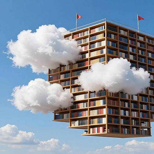 Photograph of a modern, multi-story building with numerous balconies, partially obscured by large, white clouds against a bright blue sky. Red flags top
