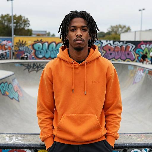 Photograph of a black man with dreadlocks wearing an orange hoodie, standing in front of a graffiti-covered skate park.