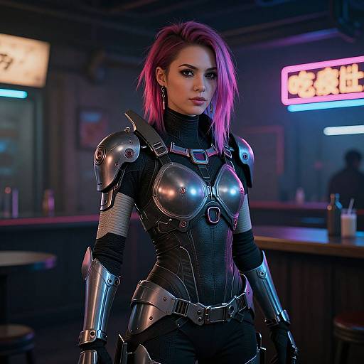 Photorealistic digital art of a pink-haired woman in metallic, futuristic armor standing in a neon-lit, dark bar. Background shows bar stools and