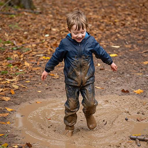Photograph of a smiling toddler in a muddy blue raincoat and boots, standing in a puddle on a leaf-covered forest path.