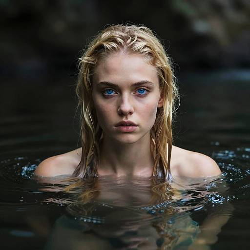 Photograph of a wet, blonde-haired woman with piercing blue eyes, shoulders above dark, rippling water, gazing intently forward.
