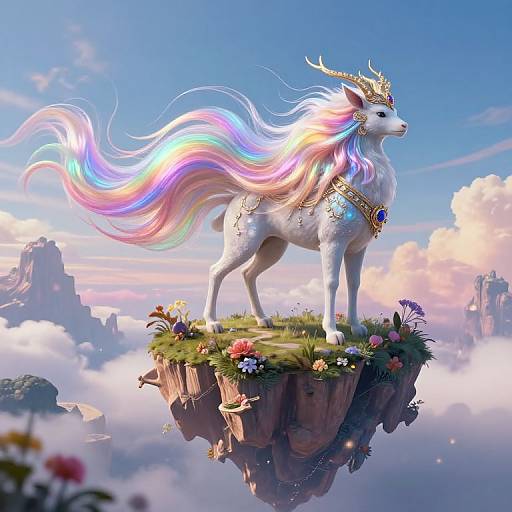 Digital fantasy artwork of a majestic, white unicorn with a rainbow mane, adorned with a gold crown and jeweled collar, standing on a floating, flower